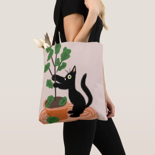 Funny Cat Fig Tree Potted Plants Hand Drawn      Tote Bag