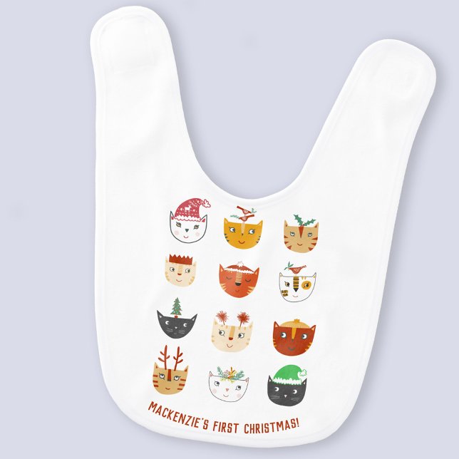 Funny Cat First Christmas Baby Bib (Fun personalized baby name first Christmas kitty cat baby bib)
