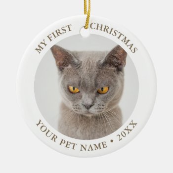 Funny Cat First Christmas Photo Ceramic Ornament by SleekMinimalDesign at Zazzle