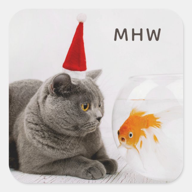 Funny Cat & Fish custom monogram stickers (Front)
