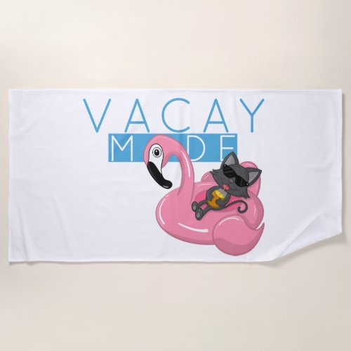 Funny Cat Flamingo Vacay Mode Vacation Beach Towel