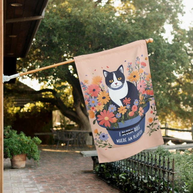 Funny Cat Floral Inspirational Quote House Flag (In SItu)