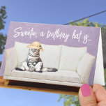 Funny Cat Floral Sun Hat Custom Birthday Card<br><div class="desc">This template card cover features a funny gray and white cat sitting on a white couch wearing a sun hat. Personalize the template text on the cover and inside greeting with your text, delete the text or edit using the design too and select a font color, style, and size you...</div>