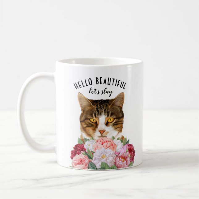 Funny Cat Flowers Hello Beautiful Coffee Mug (Left)
