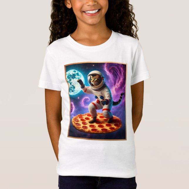 Funny Cat Flying A Pizza Astronaut Kitty Space T-Shirt (Front)