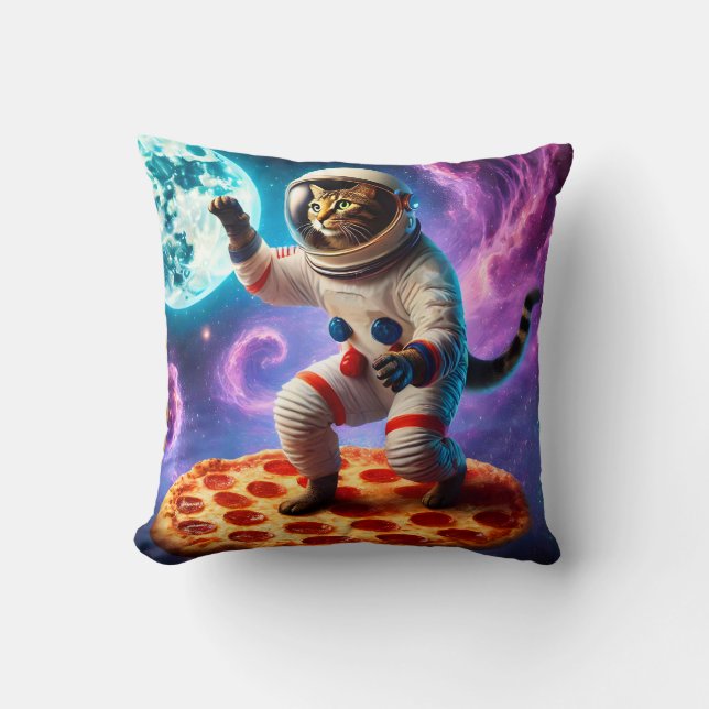 Funny Cat Flying A Pizza Astronaut Kitty Space Throw Pillow (Front)