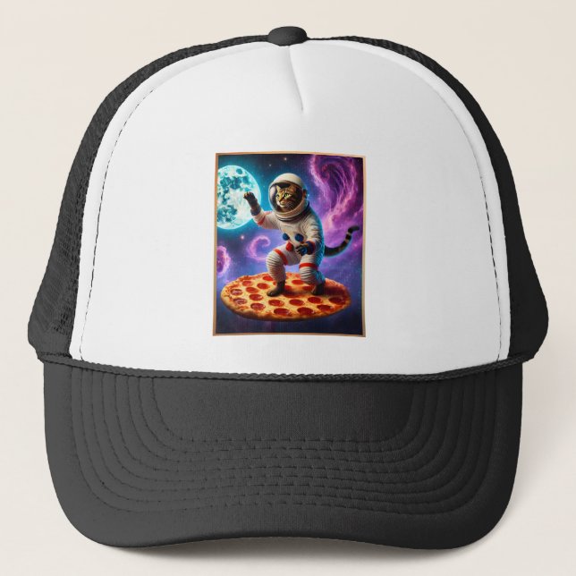 Funny Cat Flying A Pizza Astronaut Kitty Space Trucker Hat (Front)