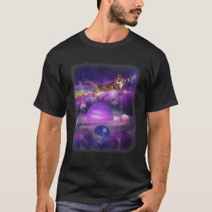 Funny Cat Flying In Space Rainbow Cat Kitten Plane T-Shirt