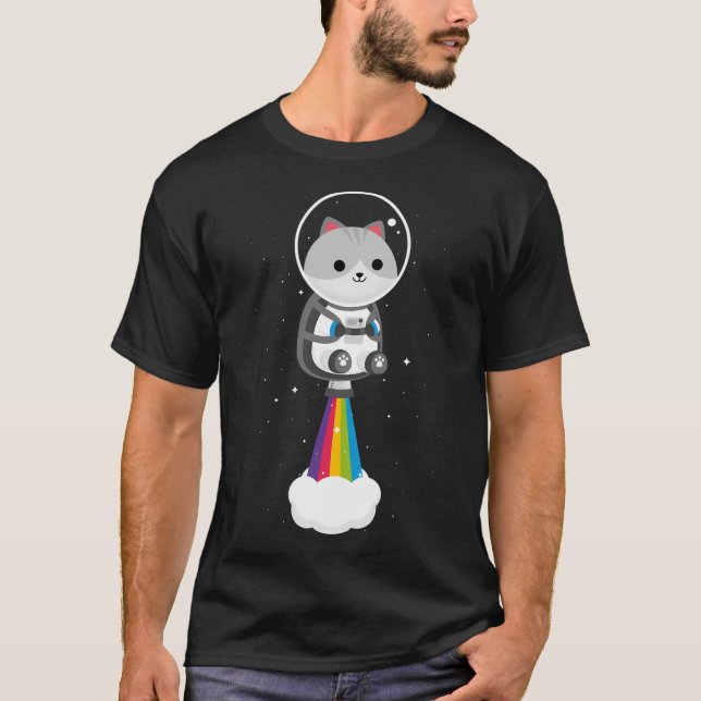 Funny Cat Flying Through Space With Rainbow Jetpac T-Shirt (Front)