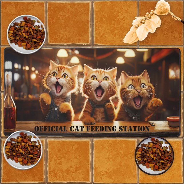 Funny Cat Food Feeding Station Mat (A mat featuring a funny illustration of three hungry cats in a pub, ideal cat feeding placemat )