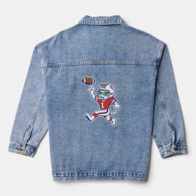 Funny Cat Football Player Denim Jacket (Back)