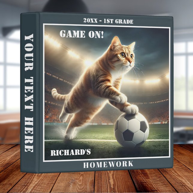 Funny Cat Football Soccer Back to School Binder (School binder featuring a funny cat playing soccer on a football field - back to school - humor)