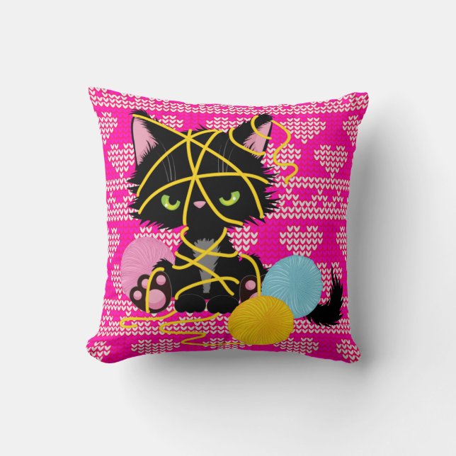 Funny Cat For Cozy Knitting Days Throw Pillow (Front)