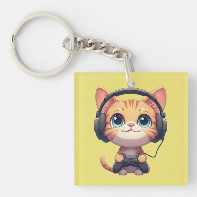 Funny Cat Gamer– Gift for Cat Lovers & Gamers Keychain (Front)