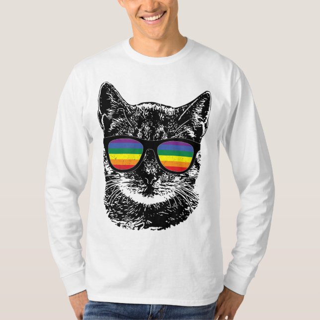 Funny Cat Gay Pride LGBT Rainbow Sunglasses T-Shirt (Front)
