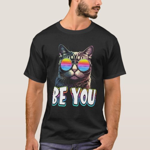 Funny Cat Gay Pride Month Be You Rainbow Sunglasse T_Shirt