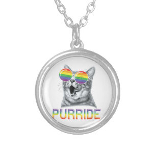 Funny Cat Gay Pride Rainbow Sunglasses LGBTQ Silver Plated Necklace