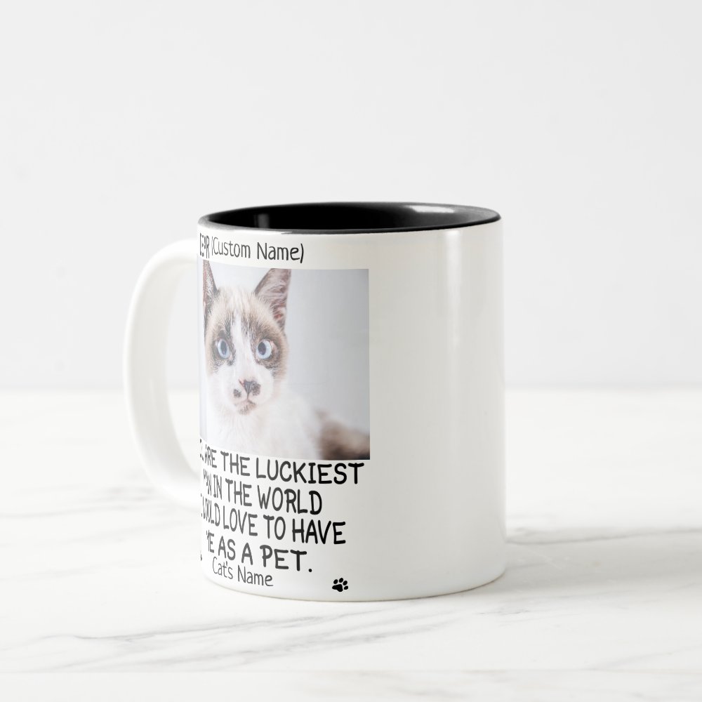 Discover funny cat gift, Personalized cat's photo and name Two-Tone Coffee Mug
