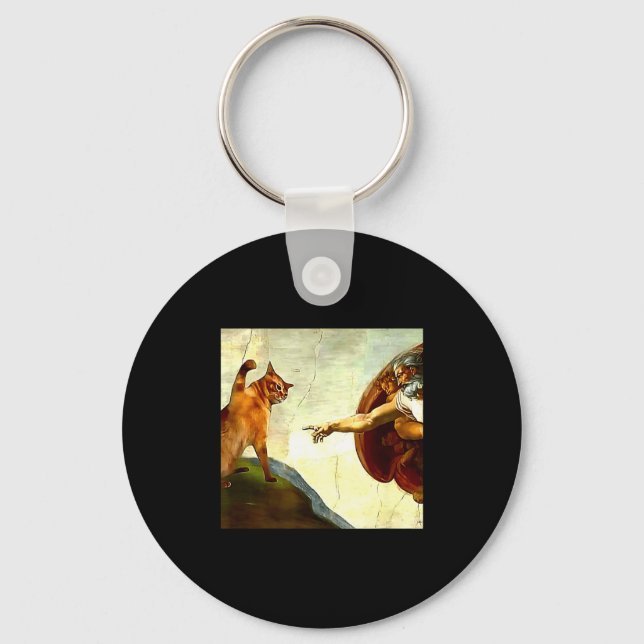 Funny Cat God Creation Of Adam Meme Jesus Christia Keychain (Front)