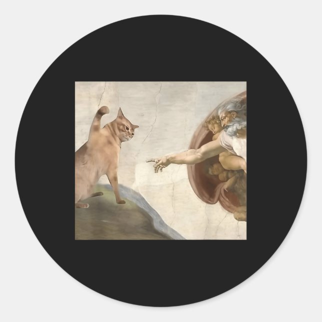 Funny Cat God Creation Of Adam Meme Jesus  Classic Round Sticker (Front)