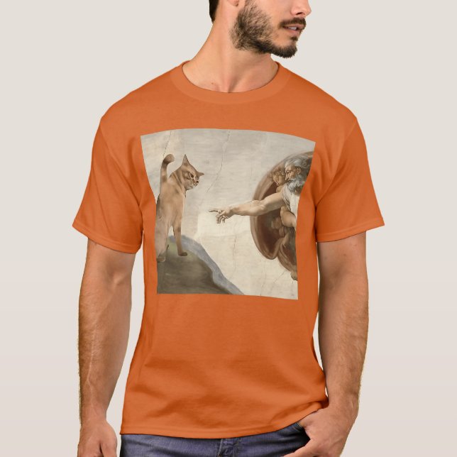 Funny Cat God Creation of Adam Meme Jesus friends T-Shirt (Front)