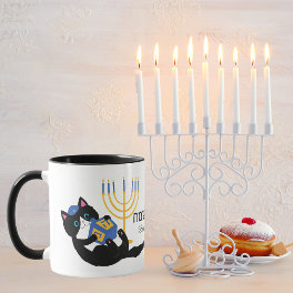 Funny Cat Gold Menorah Hebrew Happy Hanukkah Mug
