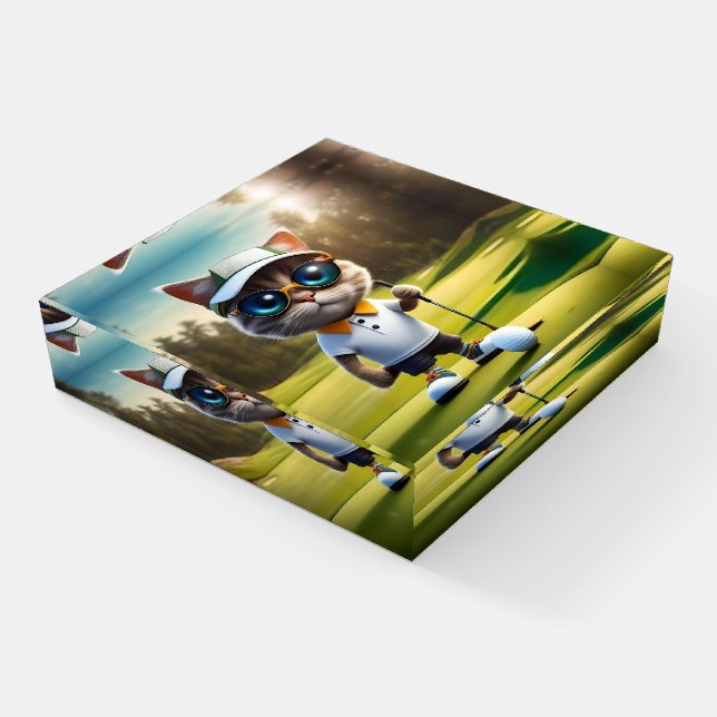 Funny Cat Golf Player, Paperweight (Angled)