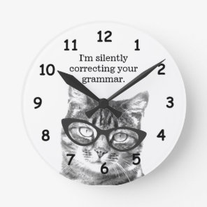 Funny cat grammar school teacher classroom wall round clock