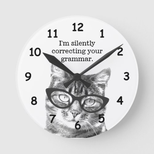 Funny cat grammar school teacher classroom wall round clock