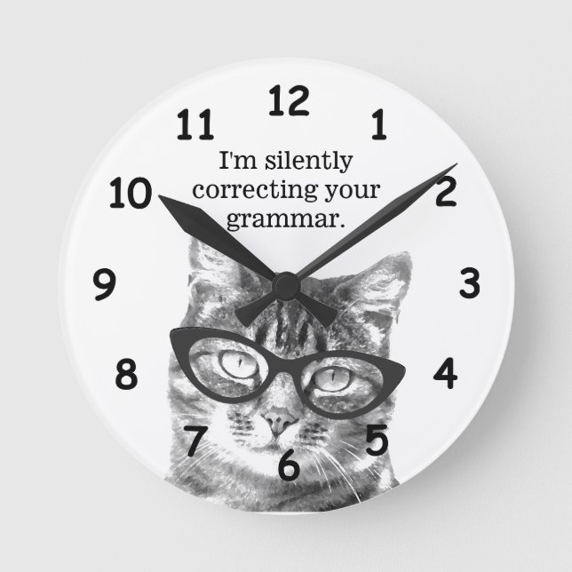 Funny cat grammar school teacher classroom wall round clock (Front)