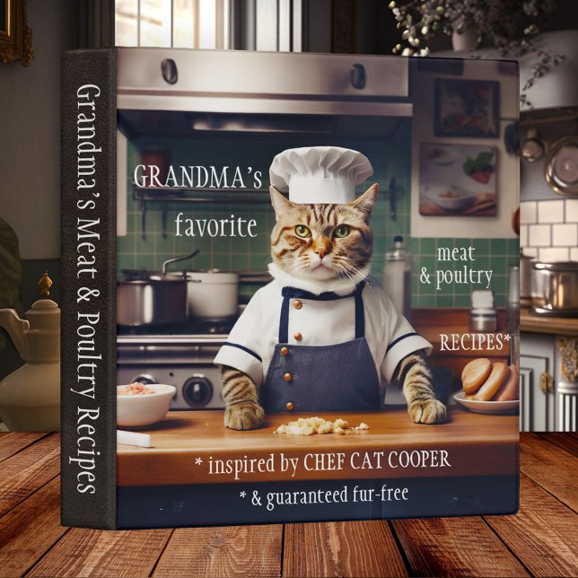 Funny Cat Grandma's Recipe Binder (Recipe binder featuring a cute design with a funny chef cat. On the back is brown faux-leather)