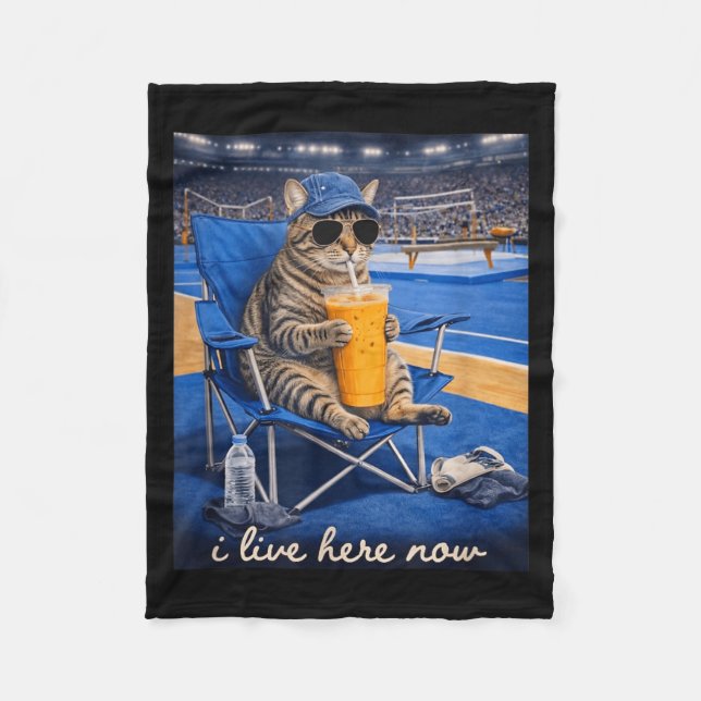 Funny Cat Gymnastic I Live Here Now Fleece Blanket (Front)