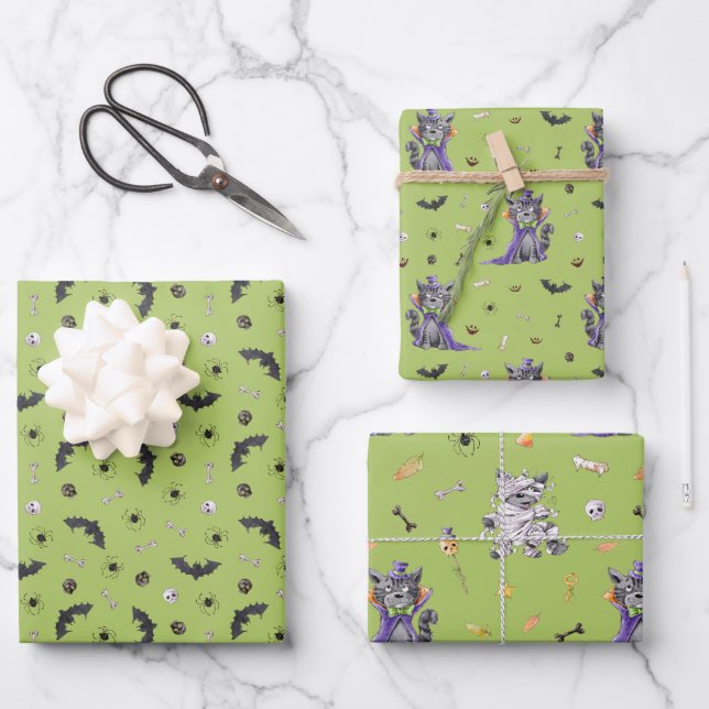 Funny Cat Halloween Wrapping Paper Sheets (Front)