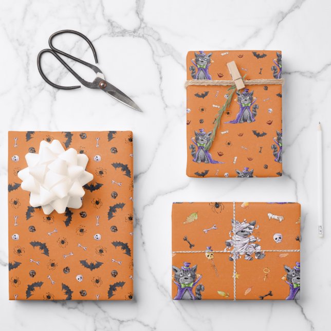 Funny Cat Halloween Wrapping Paper Sheets (Front)
