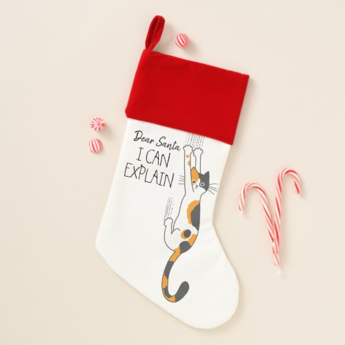 Funny Cat Hanging On _ Calico Cat  Christmas Stocking