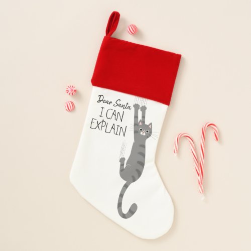 Funny Cat Hanging On _ Grey Tabby Cat Christmas Stocking