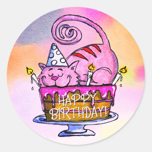 Funny Cat Happy Birthday Cake and Candles Classic Round Sticker