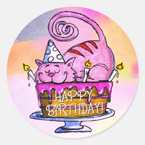 Funny Cat Happy Birthday Cake and Candles Classic Round Sticker