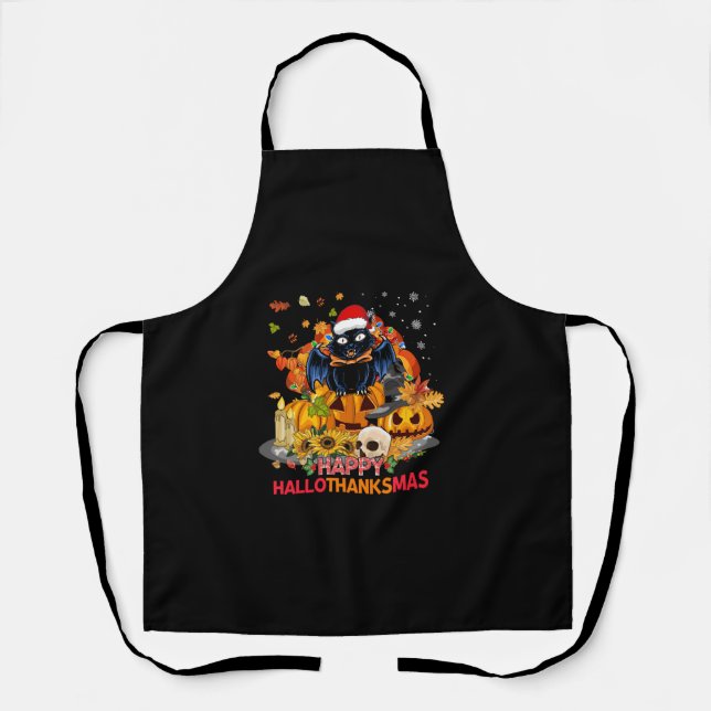 Funny Cat Happy Hallothanksmas Halloween Thanksgiv Apron (Front)