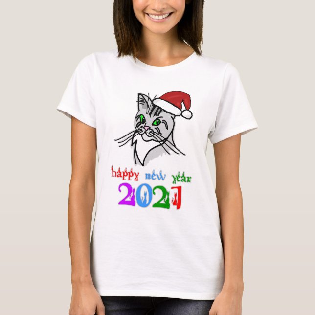 Funny Cat Happy New Year 2021 T-Shirt (Front)