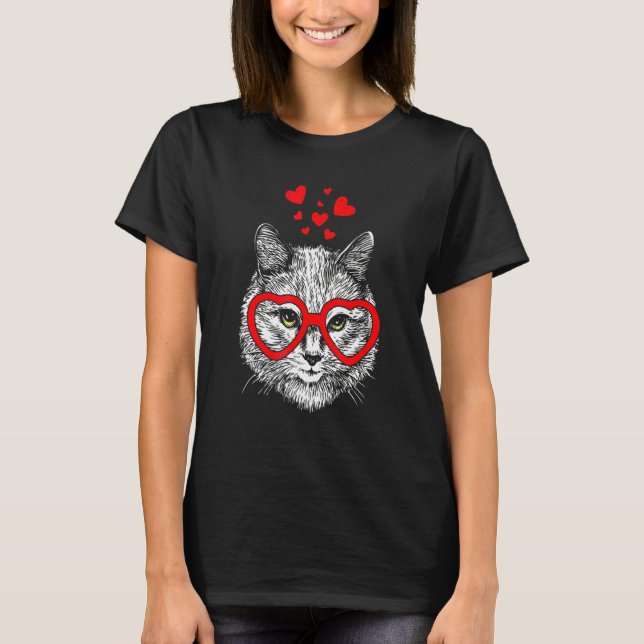 Funny Cat Heart Glasses Valentine's Day T-Shirt (Front)