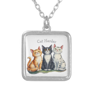 Funny Cat Herder Custom Name Cat Lover Silver Plated Necklace