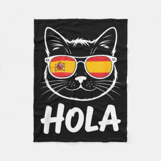 Funny Cat Hola Sunglasses Spanish Flag Women Men Fleece Blanket