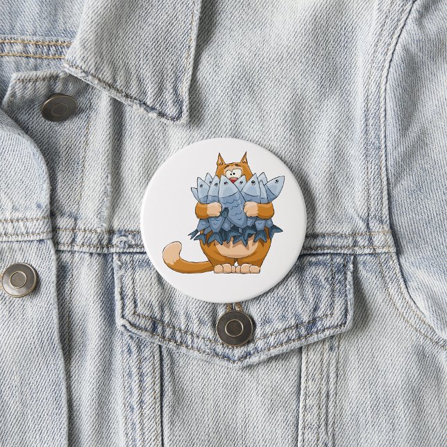 Funny Cat Holding Fish Cartoon Hungry Kitty Button (Creator Uploaded)