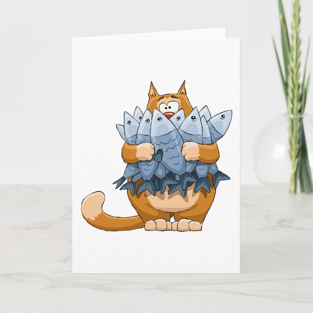 Funny Cat Holding Fish Cartoon Hungry Kitty Card (Creator Uploaded)