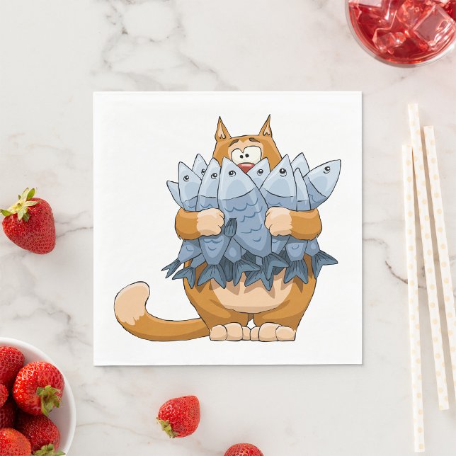 Funny Cat Holding Fish Cartoon Hungry Kitty Napkins (Creator Uploaded)