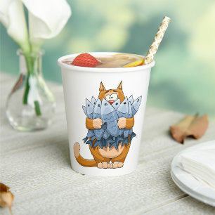 Funny Cat Holding Fish Cartoon Hungry Kitty Paper Cups