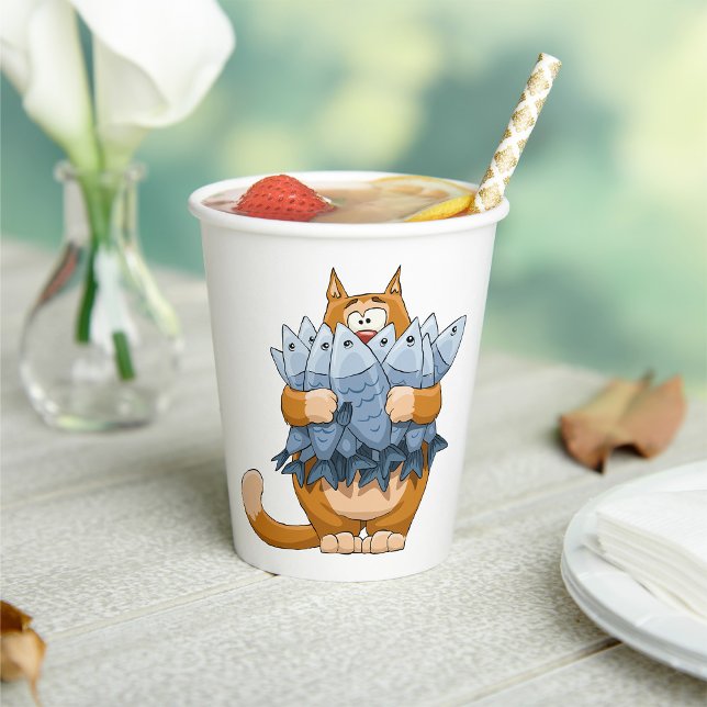 Funny Cat Holding Fish Cartoon Hungry Kitty Paper Cups (Creator Uploaded)