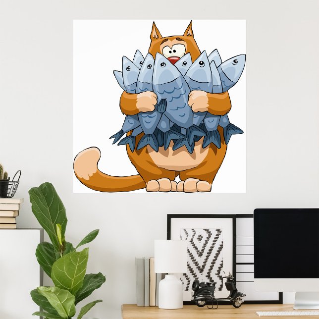 Funny Cat Holding Fish Cartoon Hungry Kitty Poster (Creator Uploaded)