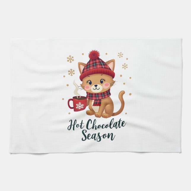 Funny Cat Hot Choco Season Merry Christmas Mom Dad Kitchen Towel (Horizontal)